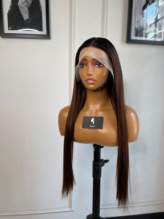 Clearance flawed wig: Double drawn brown with dark roots Full frontal 28”