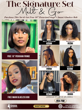 Combo: Nicky 20” 7x4 glueless unit + Water curl 4x4 10” + Sleek ombre bob 12” Full frontal + Kiara 4x4 unit + 12a silky full frontal 20” + Luxury 2x6 Natural