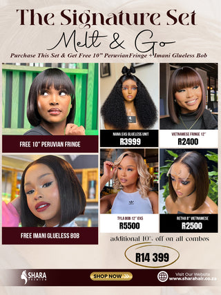 Combo: Nana 5x5 glueless unit 20” + Vietnamese fringe 12” + Tyla 6x5 glueless bob 12” + Retha 5x5 glueless bob 8”